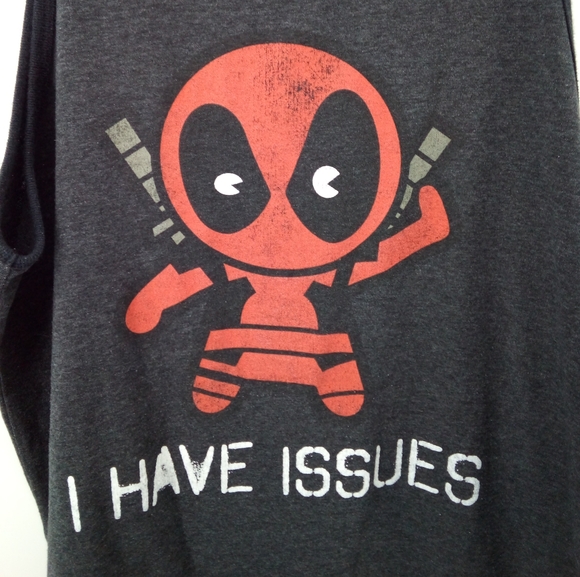 Marvel Deadpool I have Issues Graphic Sleeveless Tank Top Tee Dark Gray Red S M - Picture 3 of 4